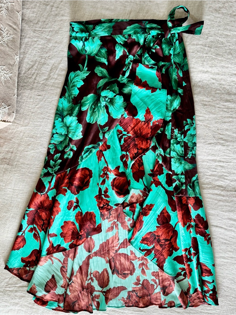 Maeve Anthropologie Teal and Burgundy Asymmetrical Floral Wrap Maxi Skirt XS